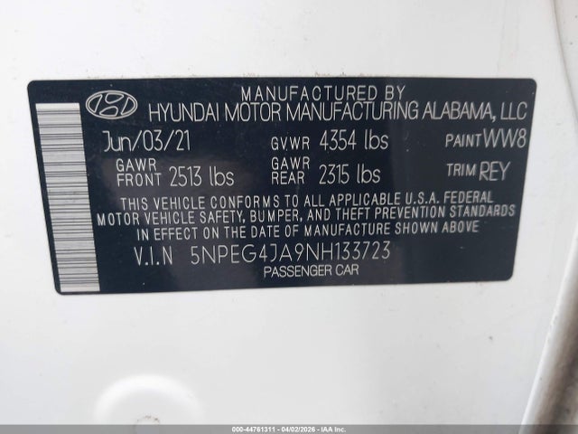 2022 Hyundai Sonata Se მანქანა იყიდება აუქციონზე, vin: 5NPEG4JA9NH133723, აუქციონის ნომერი: 44761311