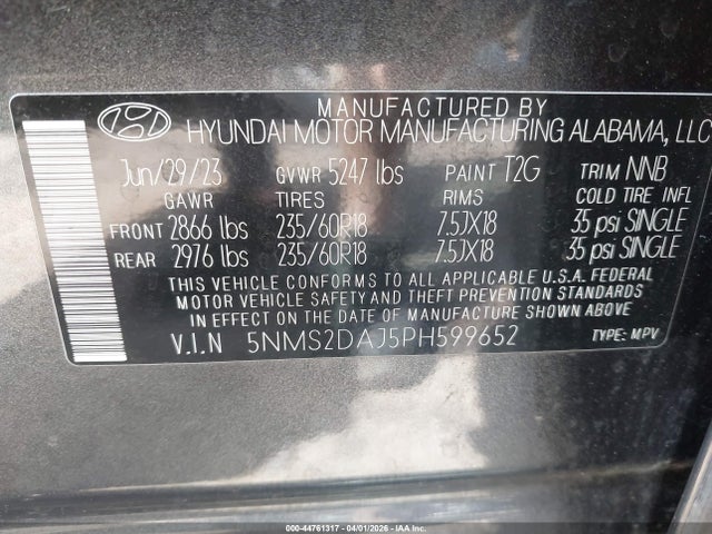 2023 Hyundai Santa Fe Sel მანქანა იყიდება აუქციონზე, vin: 5NMS2DAJ5PH599652, აუქციონის ნომერი: 44761317