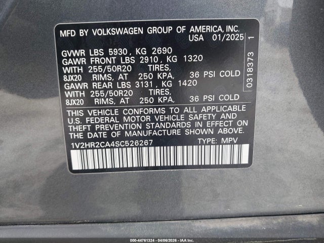 44761324 :رقم المزاد ، 1V2HR2CA4SC526267 vin ، 2025 Volkswagen Atlas 2.0t Se W/technology مزاد بيع