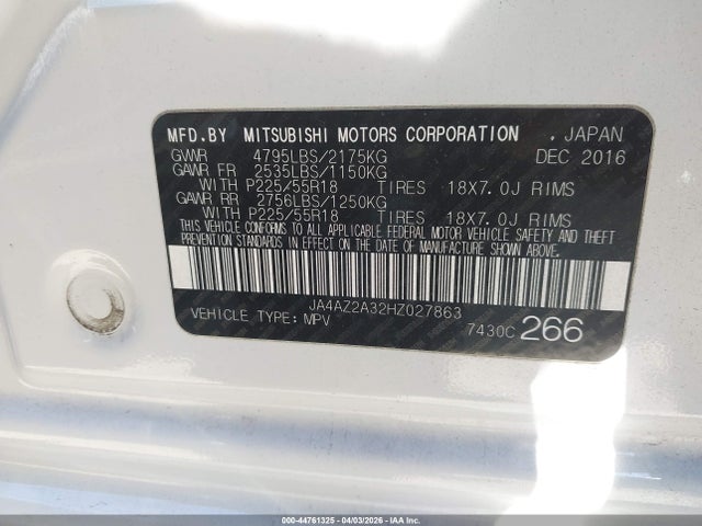 Продаж на аукціоні авто 2017 Mitsubishi Outlander Es, vin: JA4AZ2A32HZ027863, номер лоту: 44761325