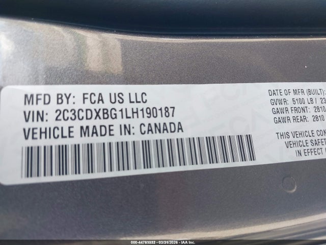 Aukcja sprzedaży 2020 Dodge Charger Sxt Rwd, vin: 2C3CDXBG1LH190187, numer aukcji: 44761332