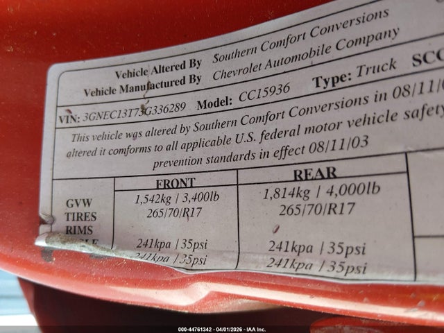 Aukcja sprzedaży 2003 Chevrolet Avalanche 1500, vin: 3GNEC13T73G336289, numer aukcji: 44761342