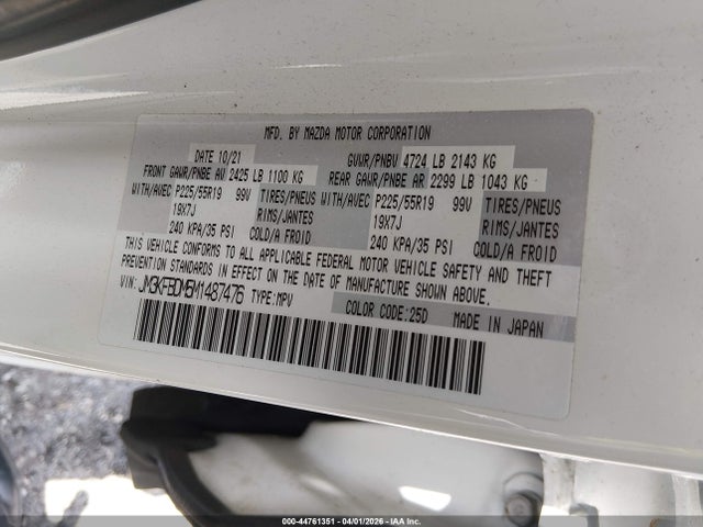 44761351 :رقم المزاد ، JM3KFBDM5M1487476 vin ، 2021 Mazda Cx-5 Grand Touring مزاد بيع