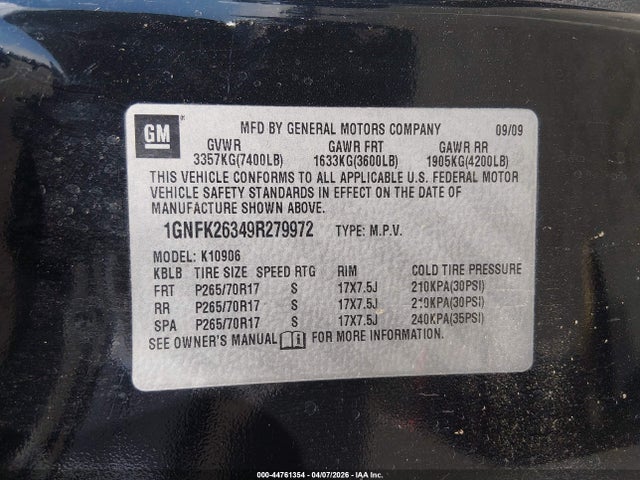 Aukcja sprzedaży 2009 Chevrolet Suburban 1500 Lt1, vin: 1GNFK26349R279972, numer aukcji: 44761354