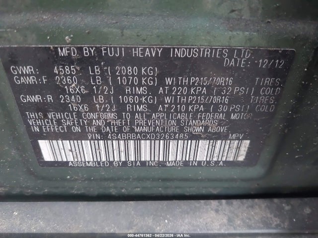 44761362 :رقم المزاد ، 4S4BRBACXD3263485 vin ، 2013 Subaru Outback 2.5i مزاد بيع