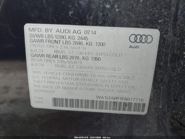Продаж на аукціоні авто 2015 Audi Q5 2.0t Premium, vin: WA1LFAFP1FA017716, номер лоту: 44761376