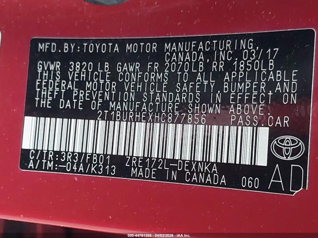 Продаж на аукціоні авто 2017 Toyota Corolla Le, vin: 2T1BURHEXHC877856, номер лоту: 44761388