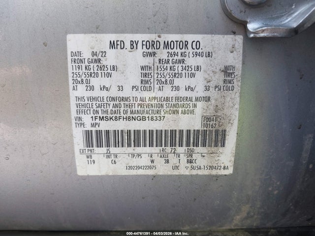 Aukcja sprzedaży 2022 Ford Explorer Limited, vin: 1FMSK8FH8NGB18337, numer aukcji: 44761391