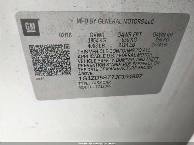 Aukcja sprzedaży 2018 Chevrolet Malibu Lt, vin: 1G1ZD5ST7JF194887, numer aukcji: 44761394