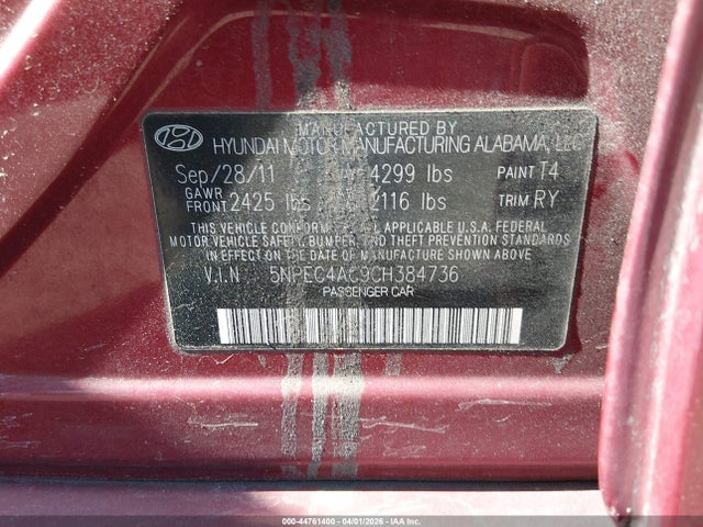 2012 Hyundai Sonata Se მანქანა იყიდება აუქციონზე, vin: 5NPEC4AC9CH384736, აუქციონის ნომერი: 44761400