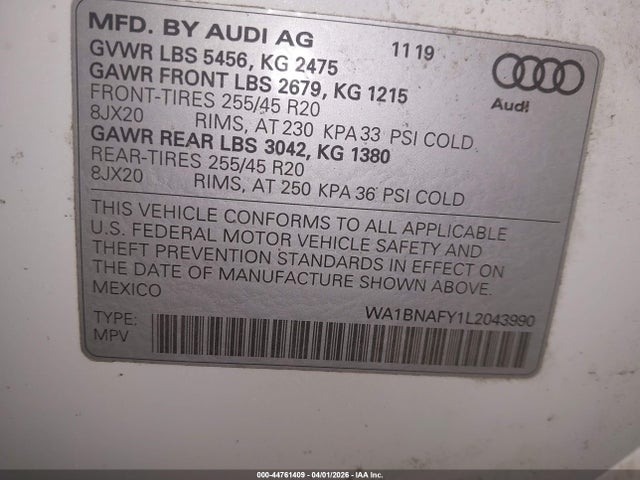 44761409 :رقم المزاد ، WA1BNAFY1L2043990 vin ، 2020 Audi Q5 Premium Plus 45 Tfsi Quattro S Tronic مزاد بيع