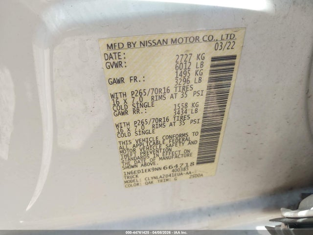 Продаж на аукціоні авто 2022 Nissan Frontier S 4x4, vin: 1N6ED1EK9NN664718, номер лоту: 44761425