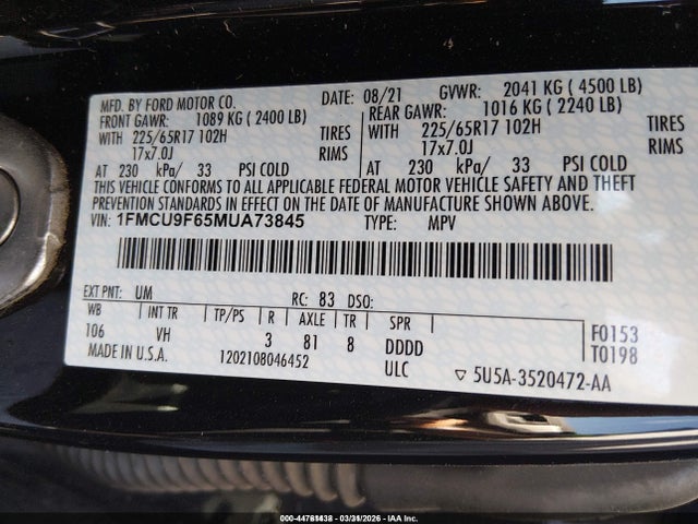 2021 Ford Escape S მანქანა იყიდება აუქციონზე, vin: 1FMCU9F65MUA73845, აუქციონის ნომერი: 44761438