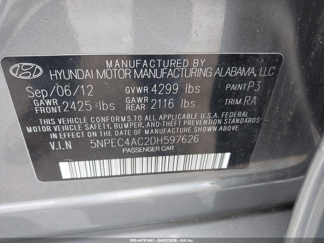 Aukcja sprzedaży 2013 Hyundai Sonata Limited, vin: 5NPEC4AC2DH597626, numer aukcji: 44761441