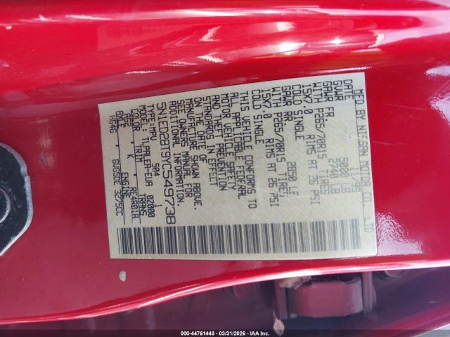 44761448 :رقم المزاد ، 5N1ED28T9YC549738 vin ، 2000 Nissan Xterra Xe/se مزاد بيع