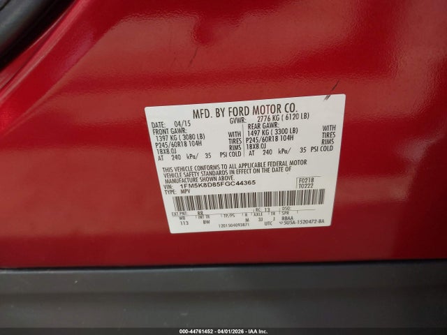2015 Ford Explorer Xlt მანქანა იყიდება აუქციონზე, vin: 1FM5K8D85FGC44365, აუქციონის ნომერი: 44761452