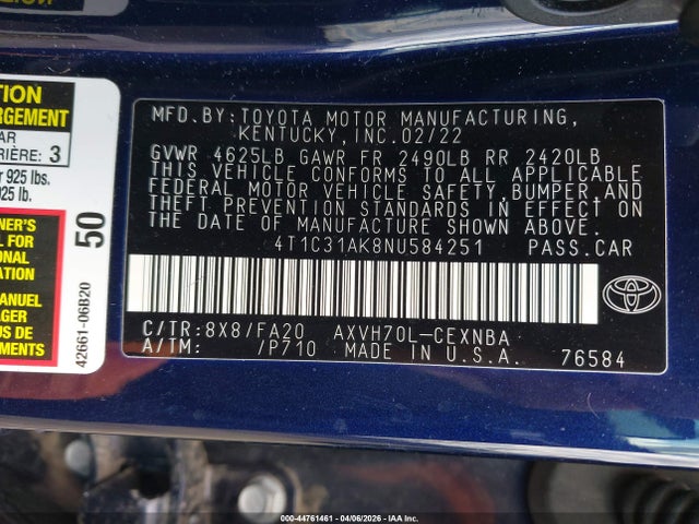 44761461 :رقم المزاد ، 4T1C31AK8NU584251 vin ، 2022 Toyota Camry Le Hybrid مزاد بيع