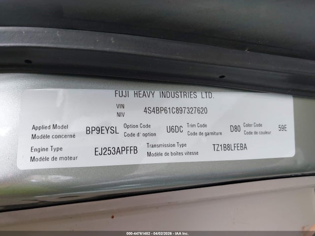 44761482 :رقم المزاد ، 4S4BP61C897327620 vin ، 2009 Subaru Outback 2.5i مزاد بيع