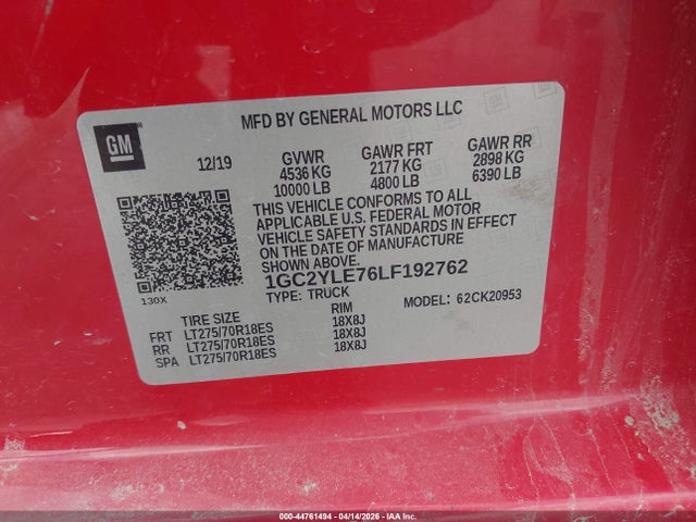 Продажа на аукционе авто 2020 Chevrolet Silverado 2500hd, vin: 1GC2YLE76LF192762, номер лота: 44761494