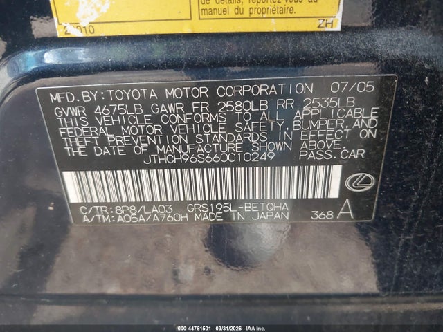 44761501 :رقم المزاد ، JTHCH96S660010249 vin ، 2006 Lexus Gs 300 مزاد بيع