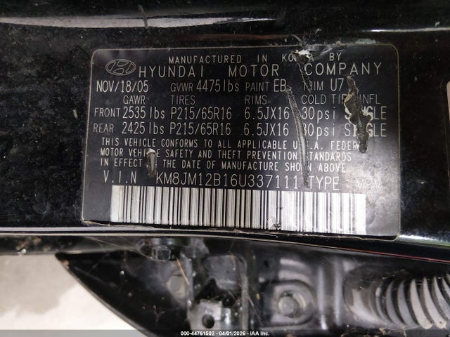 44761502 :رقم المزاد ، KM8JM12B16U337111 vin ، 2006 Hyundai Tucson Gl مزاد بيع