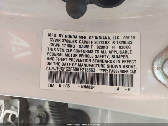 19XFC2F60KE213663 Honda Civic Lx