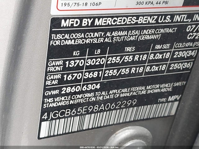 44761530 :رقم المزاد ، 4JGCB65E98A062299 vin ، 2008 Mercedes-benz R 350 4matic مزاد بيع