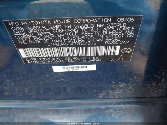 44761536 :رقم المزاد ، JTHBJ46G472044372 vin ، 2007 Lexus Es 350 مزاد بيع