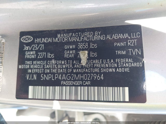 44761537 :رقم المزاد ، 5NPLP4AG2MH027964 vin ، 2021 Hyundai Elantra Limited مزاد بيع