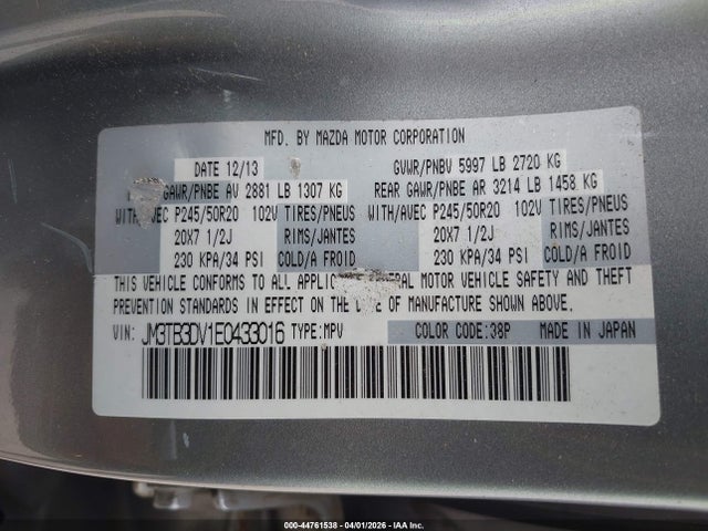 2014 Mazda Cx-9 Grand Touring მანქანა იყიდება აუქციონზე, vin: JM3TB3DV1E0433016, აუქციონის ნომერი: 44761538