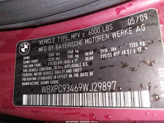 44761546 :رقم المزاد ، WBXPC93469WJ29897 vin ، 2009 Bmw X3 Xdrive30i مزاد بيع