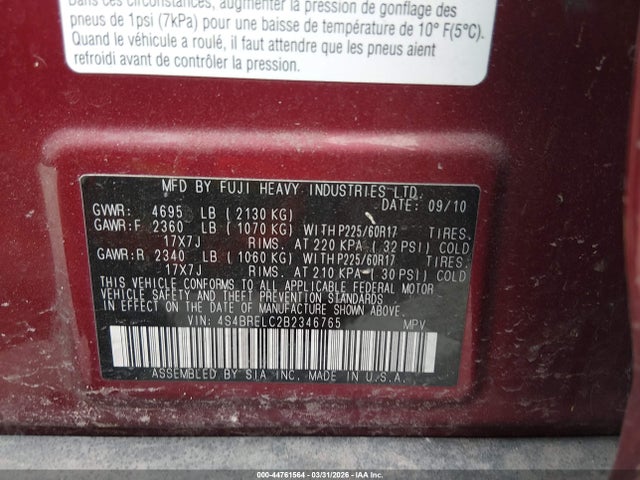 Продажа на аукционе авто 2011 Subaru Outback 3.6r Limited, vin: 4S4BRELC2B2346765, номер лота: 44761564