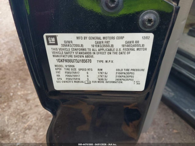 Aukcja sprzedaży 2003 Gmc Yukon Xl 1500 Denali, vin: 1GKFK66U73J185670, numer aukcji: 44761585