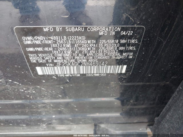 2022 Subaru Forester Sport მანქანა იყიდება აუქციონზე, vin: JF2SKAGC2NH469142, აუქციონის ნომერი: 44761593