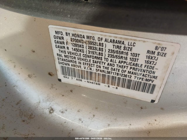 2007 Honda Odyssey Ex-l მანქანა იყიდება აუქციონზე, vin: 5FNRL38717B123612, აუქციონის ნომერი: 44761599