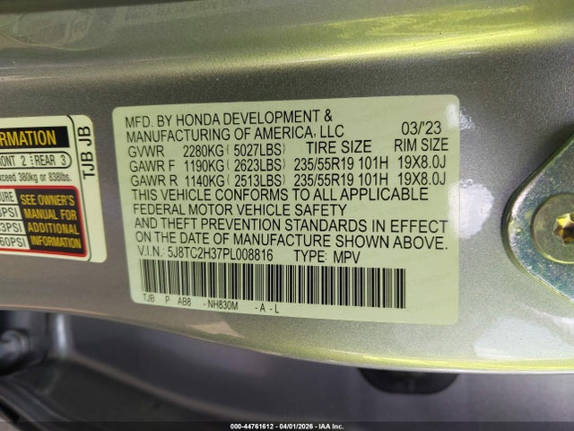 44761612 :رقم المزاد ، 5J8TC2H37PL008816 vin ، 2023 Acura Rdx Standard مزاد بيع