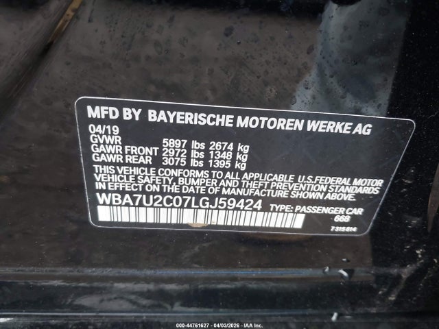 Aukcja sprzedaży 2020 Bmw 750i Xdrive, vin: WBA7U2C07LGJ59424, numer aukcji: 44761627