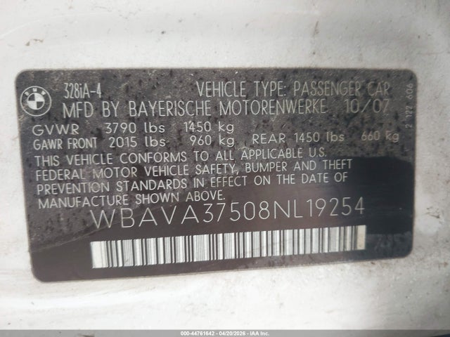 Продажа на аукционе авто 2008 Bmw 328i, vin: WBAVA37508NL19254, номер лота: 44761642