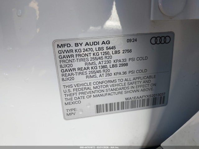 44761672 :رقم المزاد ، WA1EAAFYXS2013037 vin ، 2025 Audi Q5 Premium Plus 45 Tfsi S Line Quattro S Tronic مزاد بيع