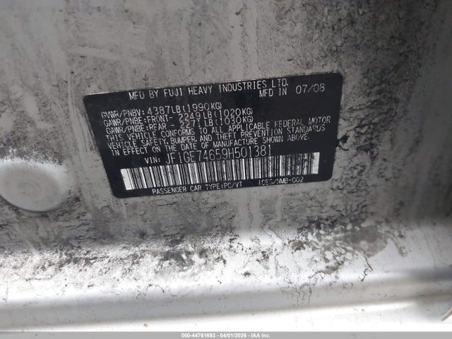 Продаж на аукціоні авто 2009 Subaru Impreza 2.5gt, vin: JF1GE74659H501381, номер лоту: 44761693