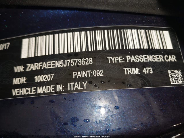 44761696 :رقم المزاد ، ZARFAEEN5J7573628 vin ، 2018 Alfa Romeo Giulia Ti Sport مزاد بيع