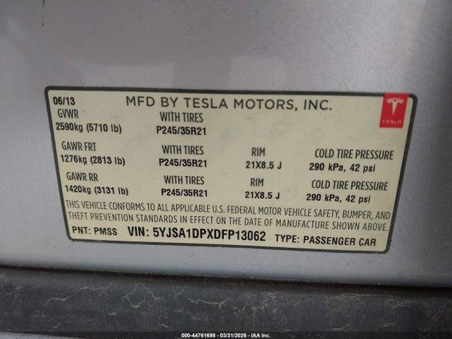 Продаж на аукціоні авто 2013 Tesla Model S Performance, vin: 5YJSA1DPXDFP13062, номер лоту: 44761698
