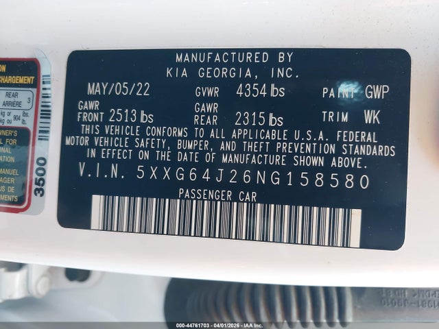 44761703 :رقم المزاد ، 5XXG64J26NG158580 vin ، 2022 Kia K5 Gt-line مزاد بيع