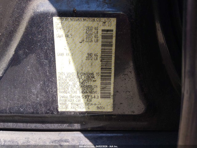 2013 Nissan Altima 2.5 S მანქანა იყიდება აუქციონზე, vin: 1N4AL3AP5DN557543, აუქციონის ნომერი: 44761704