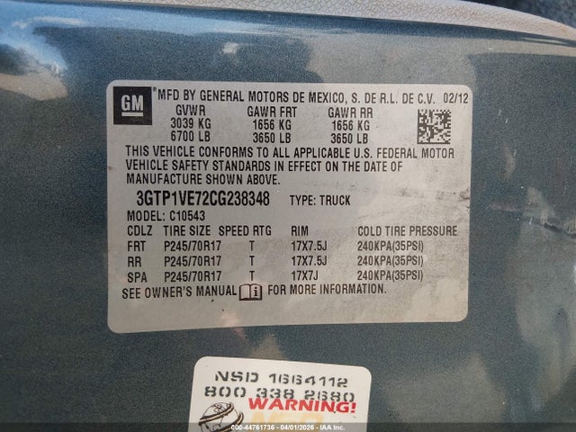 Aukcja sprzedaży 2012 Gmc Sierra 1500 Xtra Fuel Economy, vin: 3GTP1VE72CG238348, numer aukcji: 44761736