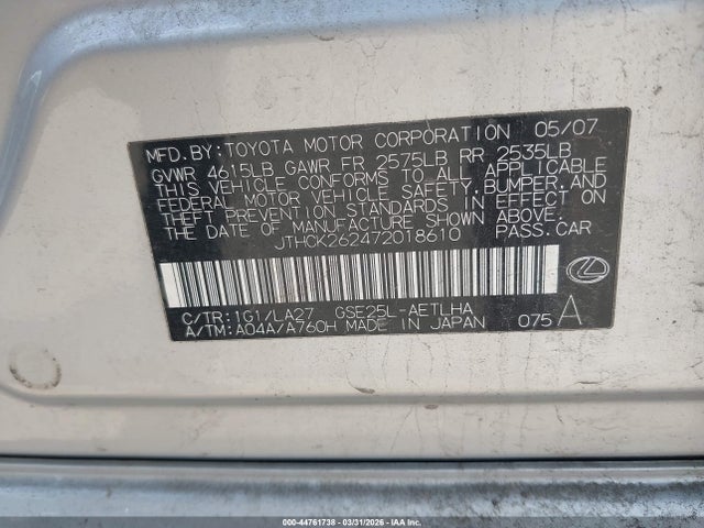 44761738 :رقم المزاد ، JTHCK262472018610 vin ، 2007 Lexus Is 250 مزاد بيع