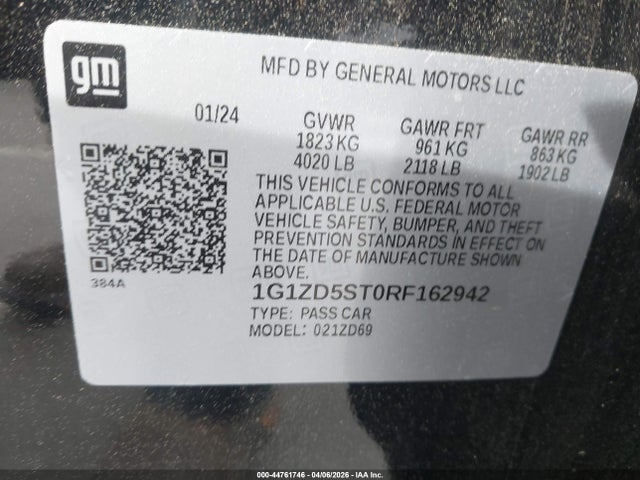 44761746 :رقم المزاد ، 1G1ZD5ST0RF162942 vin ، 2024 Chevrolet Malibu Fwd 1lt مزاد بيع