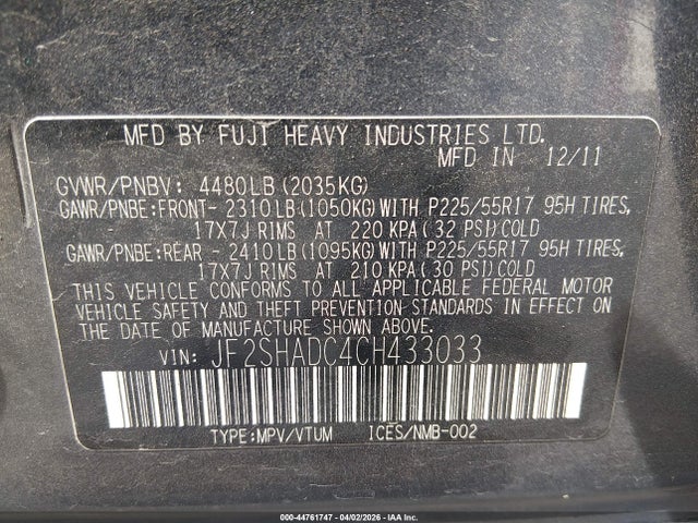 2012 Subaru Forester 2.5x Premium მანქანა იყიდება აუქციონზე, vin: JF2SHADC4CH433033, აუქციონის ნომერი: 44761747