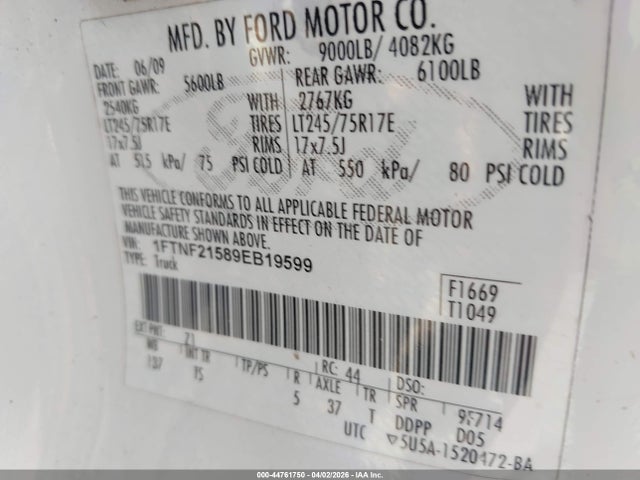 2009 Ford F-250 Xl/xlt მანქანა იყიდება აუქციონზე, vin: 1FTNF21589EB19599, აუქციონის ნომერი: 44761750