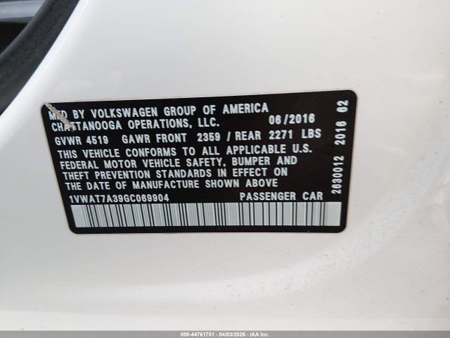 2016 Volkswagen Passat 1.8t R-line/1.8t S მანქანა იყიდება აუქციონზე, vin: 1VWAT7A39GC069904, აუქციონის ნომერი: 44761751